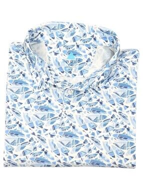 ANGLR Polo Shirt Mens XXL Blue White Fish Print Performance Short Sleeve Golf